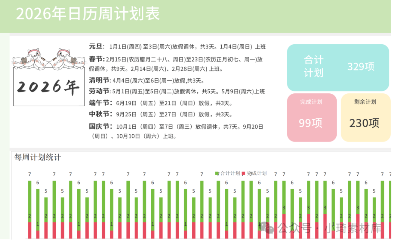 【2220期】2026年马年EXCEL工作日历计划表模板